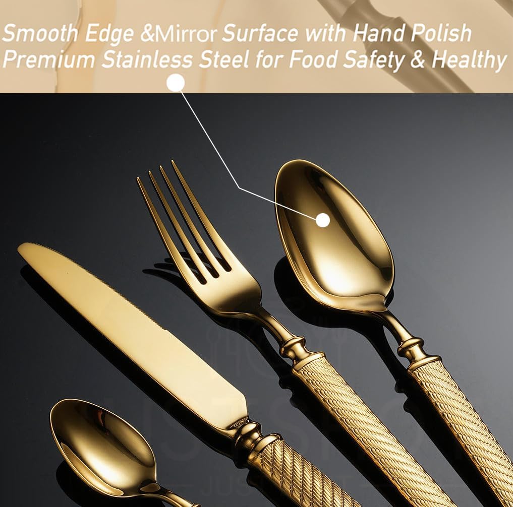 JUSTSHOT 24 Piece Gold Silverware Set for 6,Unique 1810 Stainless Steel Hammered Flatware Set,Forged with Handcrafted Texture Handles Cutlery Flatware Set,Mirror Polished,Dishwasher Safe