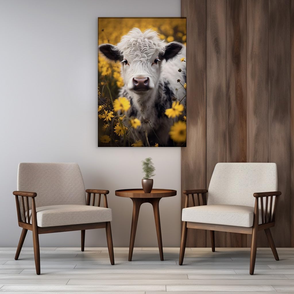 Canvas for Living room. A Cow's Peaceful Gaze Amidst a Field of Golden Blossoms, 27 x 18 inch Canvas Wall Art - Expansive Panoramas - Modern Home Decor - 69x46 cm (27x18 inch)