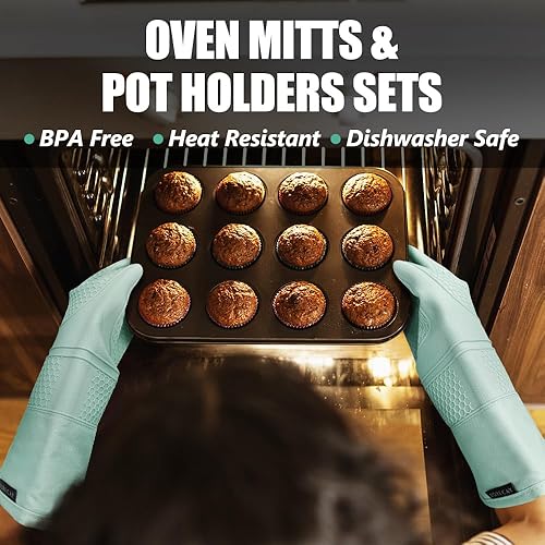 Miniatura 2 de Rorecay Juego de manoplas de horno extralargas y soportes para ollas manoplas de horno de silicona resistentes al calor con mini guantes de horno,