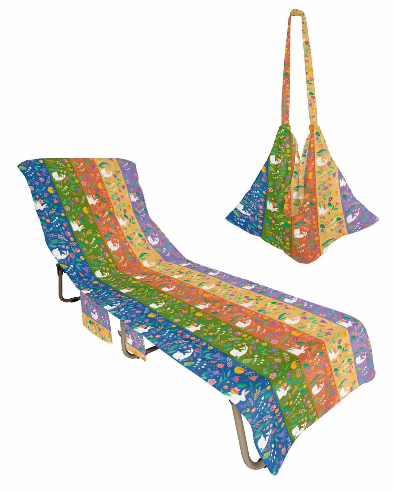 Easter Beach Lounge Chair Towel Cover, Soft Chaise Lounge Towel with Side Pockets Patio Pool Chairs Cover for Beach/Pool Sunbathing 29x85 Colorful Spring Floral Botanical Bunny Vintage