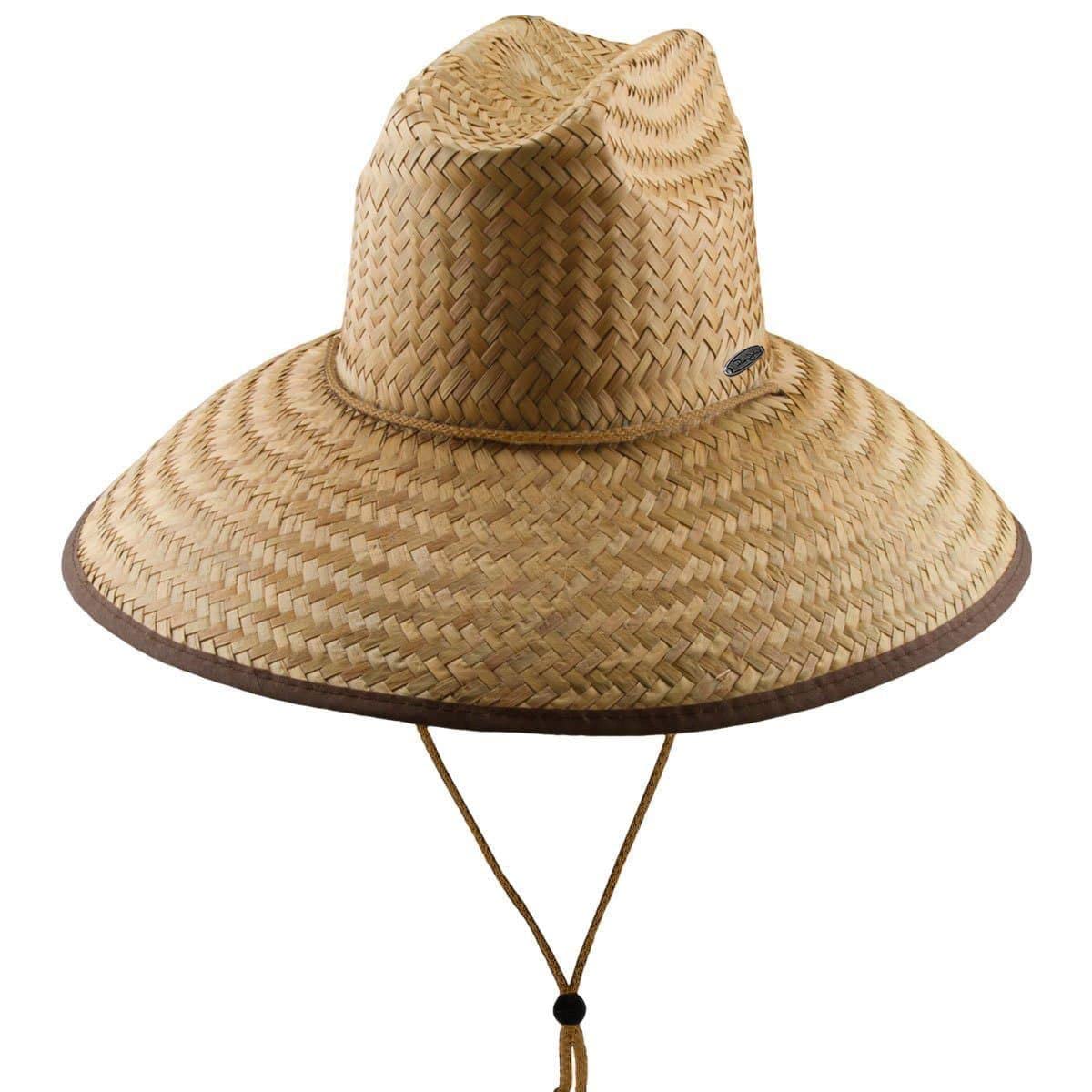 Panama JackLifeguard Sun Hat - Palm Fiber Straw, 5" Bound Big Brim, Chin Strap with Toggle, Logo Badge
