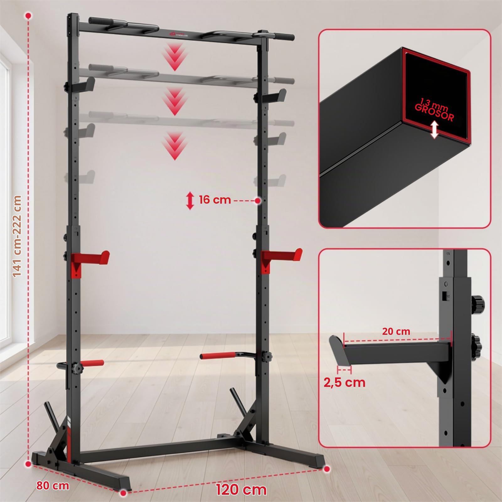 Rack de Sentadillas Multifuncional con Barra de Dominadas, Soporte Totalmente Ajustable, Capacidad de Carga 300 KG, Jaula de Potencia de Acero Reforzado para Entrenamiento de Fuerza en Casa
