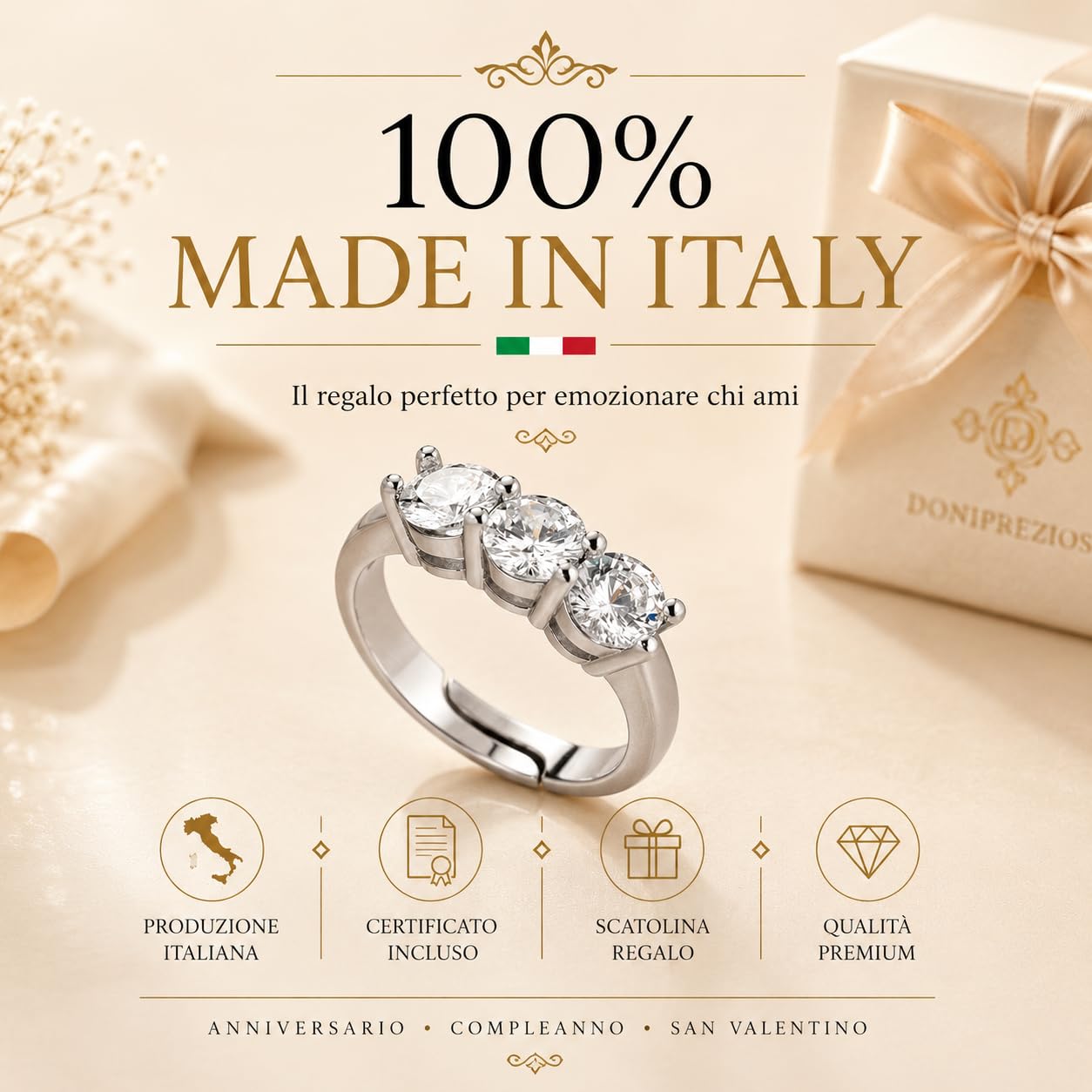 Donipreziosi Anello Trilogy Donna in Argento 925 Rodiato con Zirconi Bianchi Taglio Brillante, Made in Italy – Taglia Regolabile, Nickel Free – Idea Regalo Fidanzata, Moglie, Anniversario