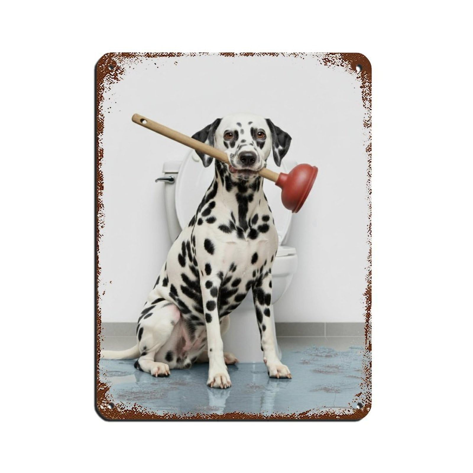 Dalmatian Bathroom, Plumber Dog with Plunger Retro Poster Metal Tin Sign Chic Art Retro Iron Painting Bar People Cave Cafe Family Garage Poster Wall Decoration 12x16inch(30x40cm)