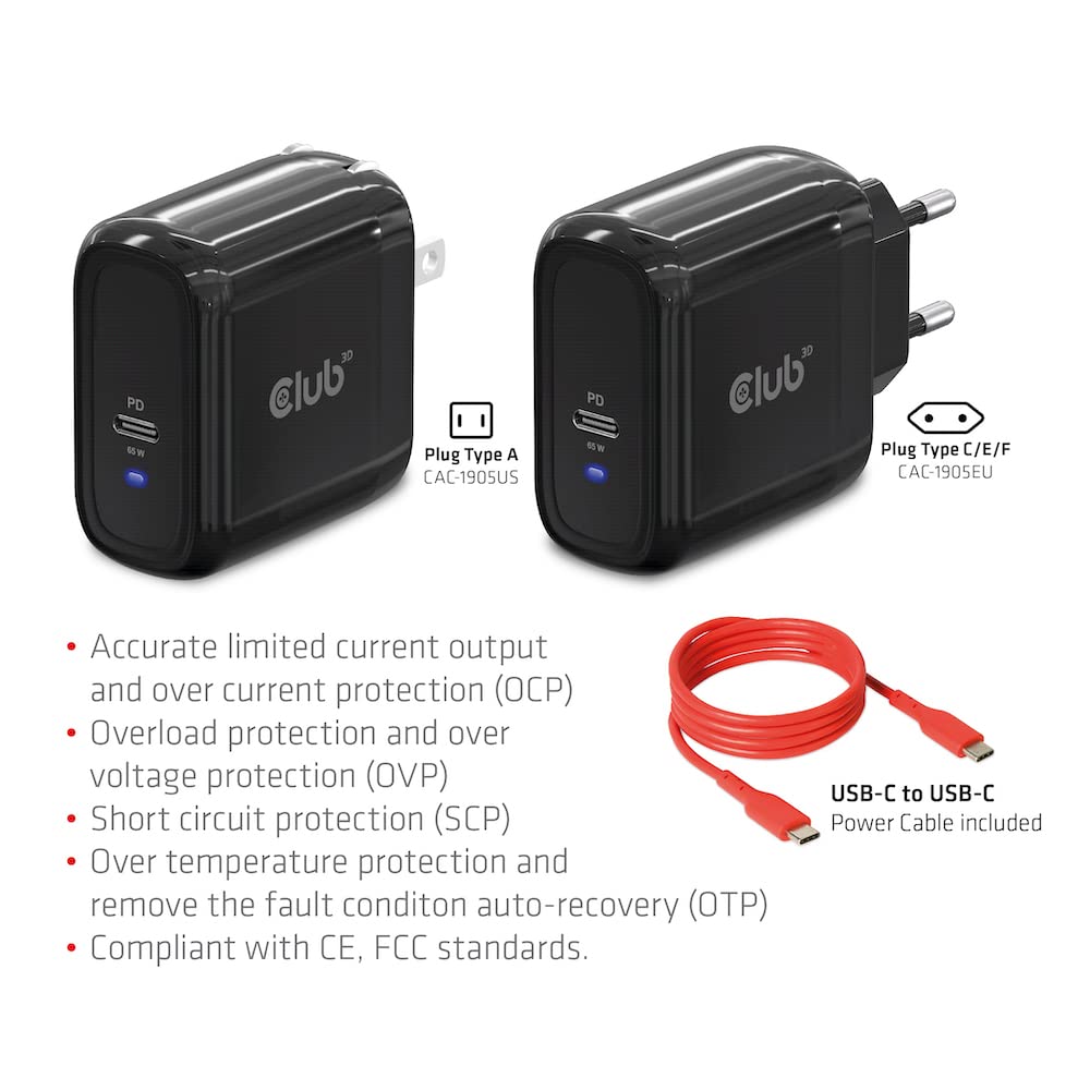 CLUB3D - Caricabatterie da Viaggio PPS 65 W, Tecnologia GAN Singola, USB Tipo C, Power Delivery(PD) 3.0, Supporto CAC-1905EU