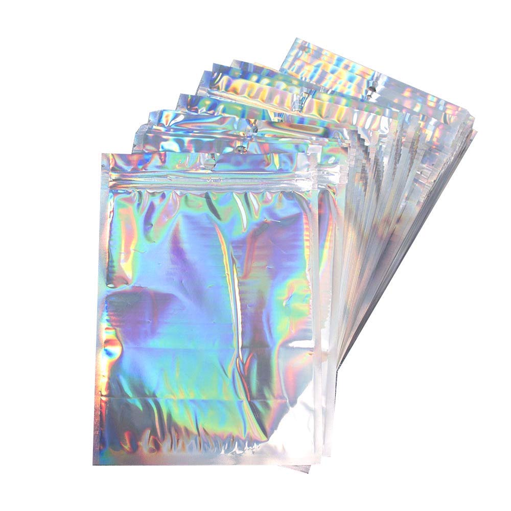 100 Pieces Resealable Mylar Zip Lock Bags Rainbow Flat Foil Pouches Smell Proof Food Storage Gift Package Supplies