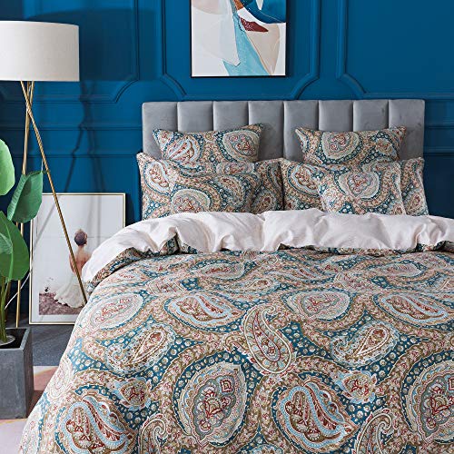 FADFAY Paisley Duvet Cover Set 100% Cotton Ultra Soft Blue and Beige Reversible Paisley Bedding Set with Hidden Zipper Closure 3 Pieces, 1Duvet Cover & 2Pillowcases, King/California King Size