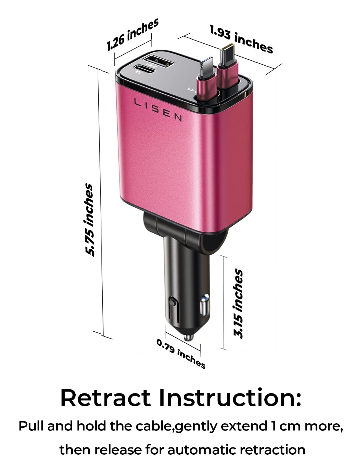 LISEN Retractable Car Charger, 84W Car Charger USB C Fast Charger Adapter, Car Accessories for Men Women, Gifts for Fathers Day for Men Dad Husband, for iPhone 17 16 15 14 13 12 Pro Max, Pink-Black view 7