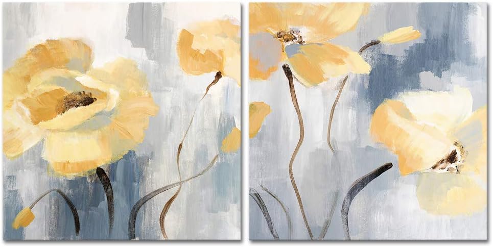 Derkymo 2 Pieces Elegant Yellow Flower Pictures Poppies Flower Canvas Wall Art Yellow and Grey Wall Decor for Home Office Decoration Stretched and Framed Ready to Hang 16"x16"x2pcs