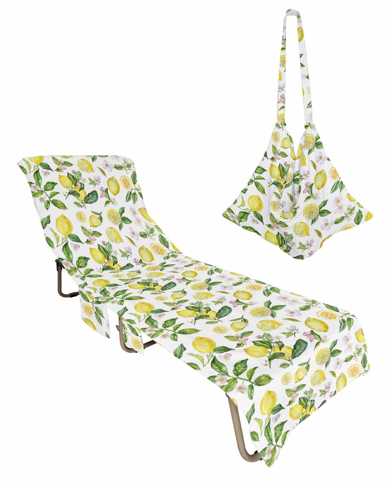 Summer Lemon Beach Lounge Chair Towel Cover, Soft Chaise Lounge Towel with Side Pockets Patio Pool Chairs Cover for Beach/Pool Sunbathing 29x85 Spring Floral Botanical Yellow Fruits