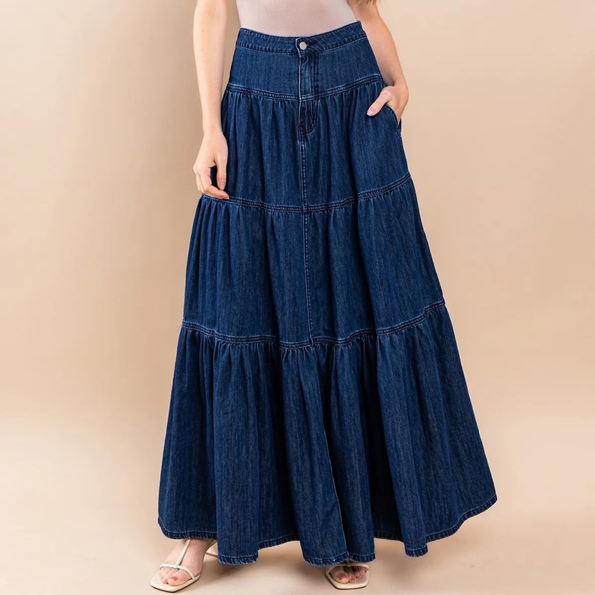 Falda Larga Vaquera Elegante para Mujer Estilo Casual De Talle Alto Y Corte En A con Bolsillos Volantes Escalonados Vestido Largo Ideal para Salir De Verano.