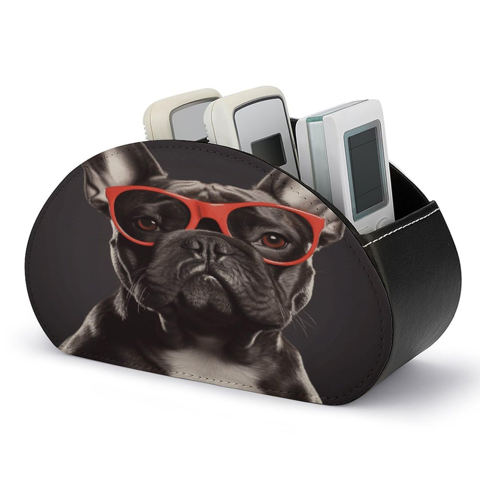 VstaDank French Bulldog Remote Control Holder with 5 Compartments PU Leather Remote Caddy Desktop Organizer Store TV Remote Control Storage Box for Home Office Desk Nightstand