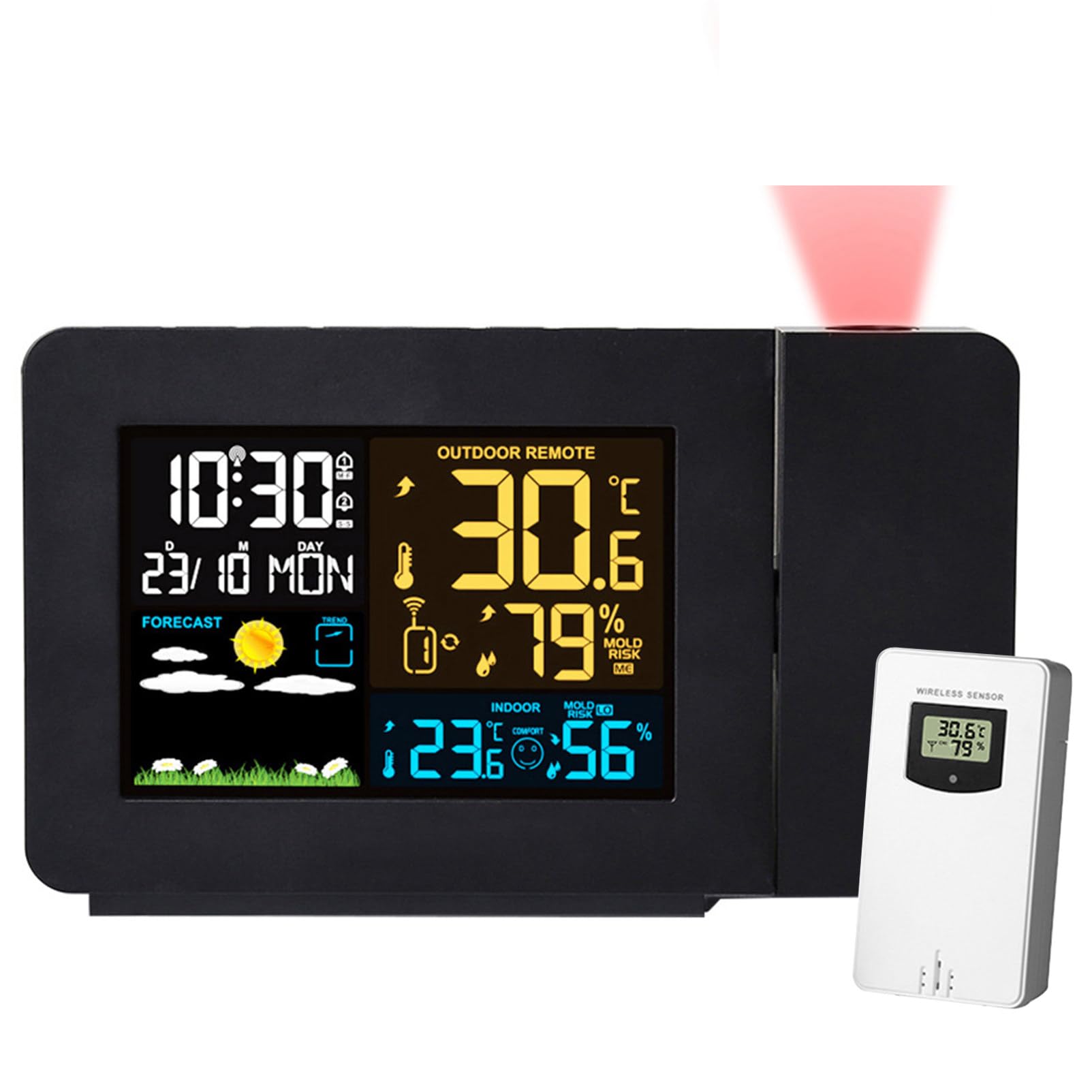Projektionswecker Digitaler Wecker mit Projektion Innen/Außen Thermometer Hygrometer Wettervorhersage Komfortstufe Projektionsuhr Wetterstation mit Außensensor
