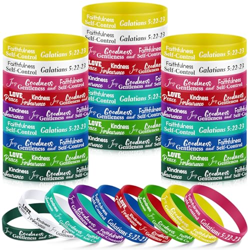 Huquary 48 Pcs Fruit of the Spirit Bracelet Inspirational Scripture Christian Silicone Bracelets Bulk Religious Motivational Love Joy Peace Patience Wristband Gift Decor (Multicolour)