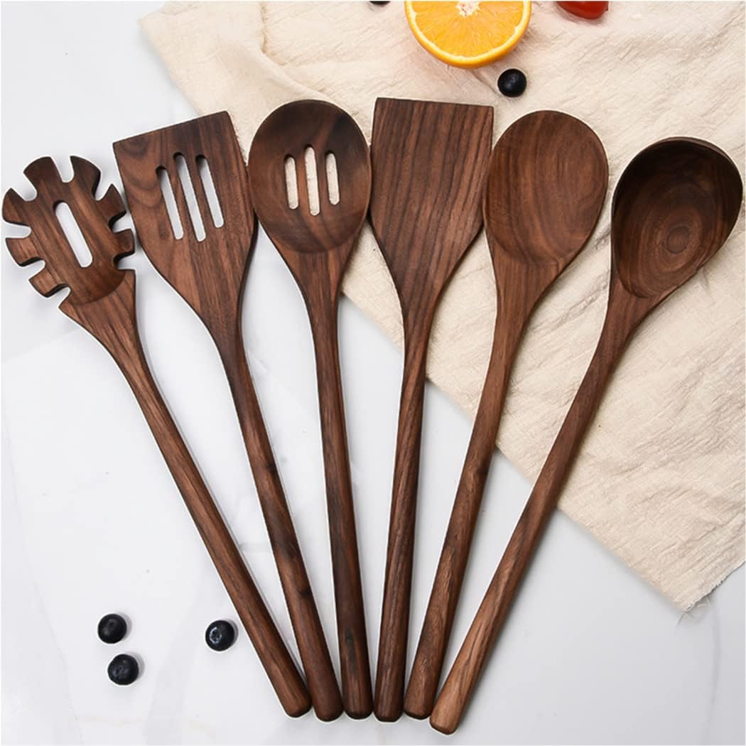 3PCS Wooden Spoon for Cooking 13.6" Slotted Spoon Walnut Wood Mixing Spoon for Soup Stirring Nonstick Kitchen Serving Spoons Scooper Utensil Long Comfortable Handle Finish Tableware