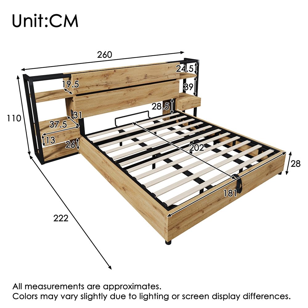 Sweiko Cama doble de madera 180 x 200 cm, cama de almacenamiento hidráulica con cajones y cabecera de almacenamiento con puertos de carga USB y tipo C, marco de cama de madera (colchón no incluido)