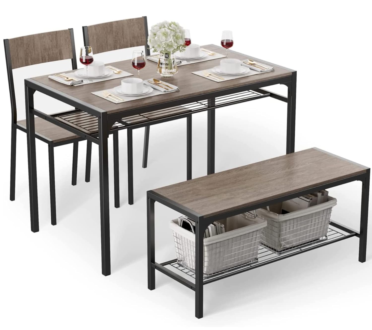 Priti Kitchen Table and 2 Chairs for 4 with Bench, 4 Piece Dining Table Set for Small Space, Apartment (Grey), Alloy Steel