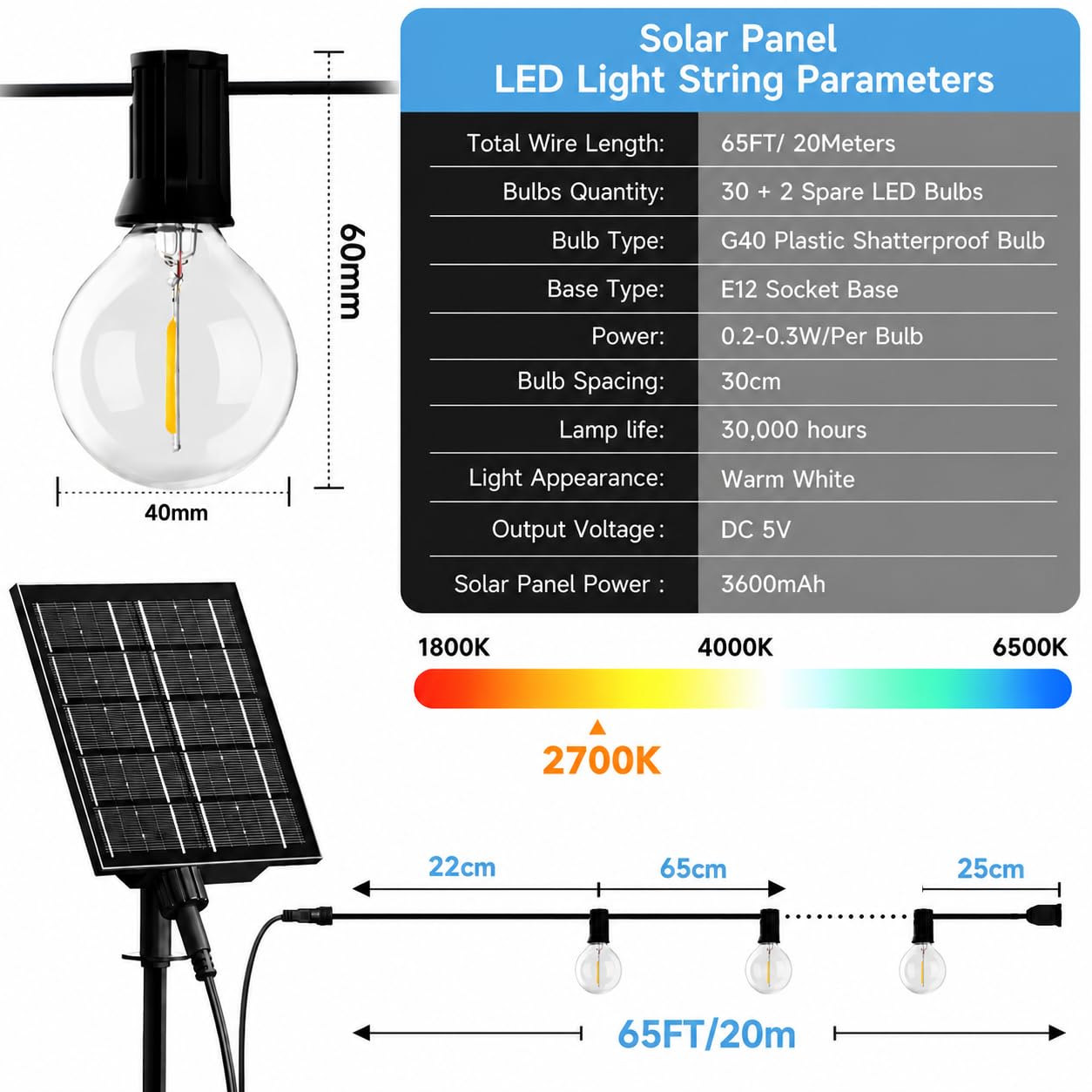 Guirlande Lumineuse Exterieure Solaire LED 20M avec 30 +2 Ampoules | Télécommande, 4 Modes, IP44 Étanche, pour Jardin, Terrasse, Balcon, Mariage et Décoration
