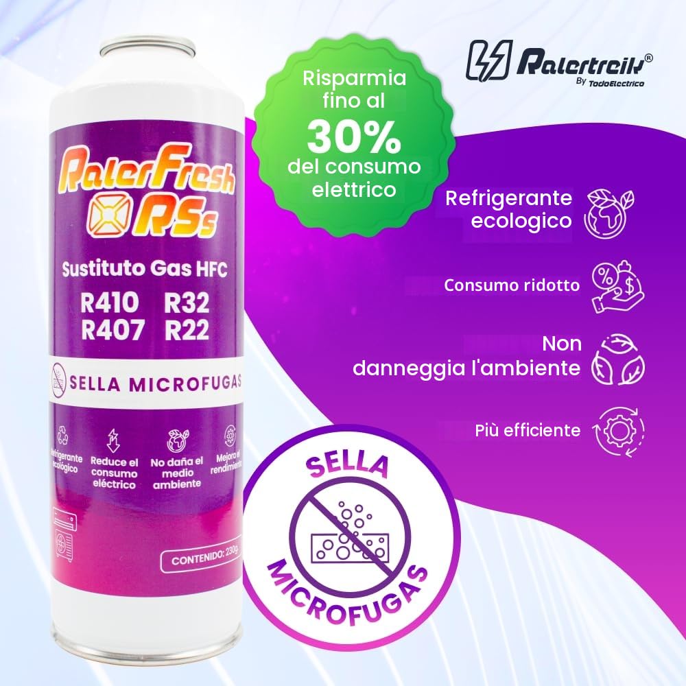 Ralerfresh RS - R410, R32, R407, R22, R22, ricarica di gas refrigerante organico per aria condizionata Split Ecologico efficiente ricarica rapida (2 bottiglie RSs)