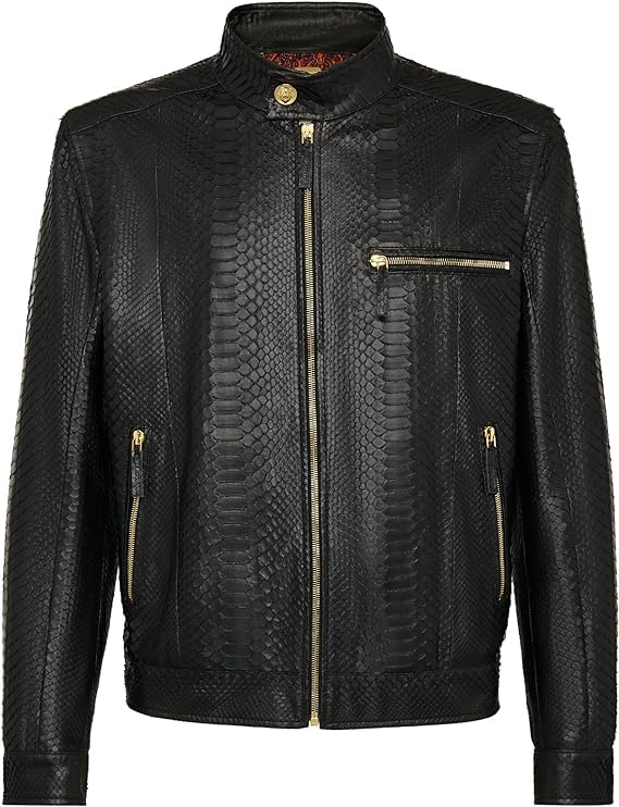Generic Black Python Snake Cobra Leather Jacket For Men's Cow-skin With Snake Embossed Jacket