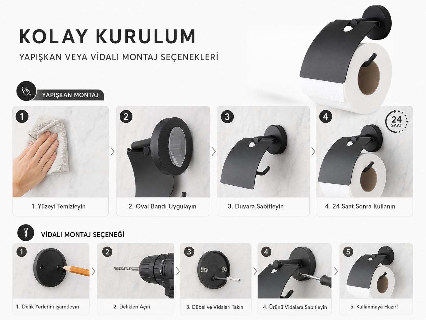 Lotus Siyah Kapaklı Tuvalet Kağıtlığı, Yapışkanlı ve Vidalı Montajlı Duvara Monte WC Kağıt Askısı, Mat Siyah Banyo Aksesuarı