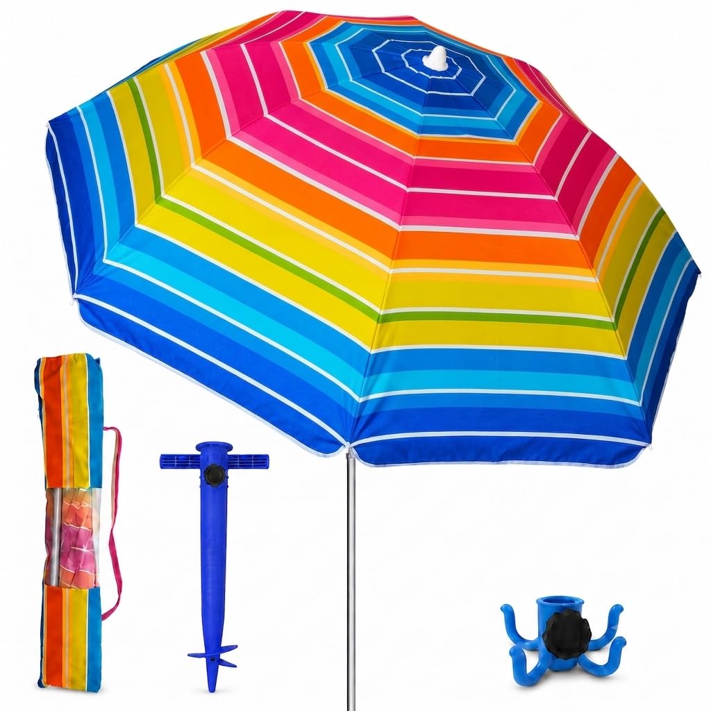 Szaszłyk Parasol Plaża 200 cm, Aluminium, UPF+50 blokuje 99% promieni UV, 8 prętów z włókna szklanego, bardzo lekki 1,5 kg, górne okno