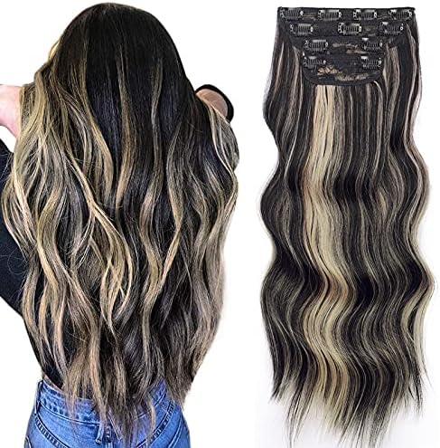Vigorous Wavy Hair Extension Black Mix Blonde Long Clip in Hair Extensions Soft Synthetic Hairpieces for Women