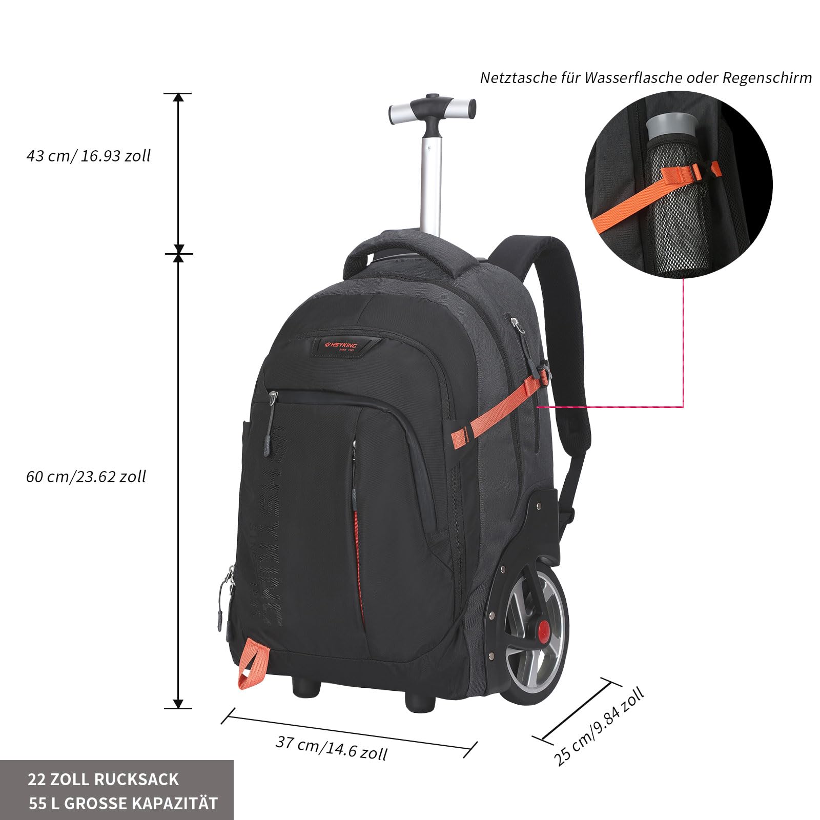 AOKING Zaino impermeabile per computer portatile da 22 pollici con ruote grandi per affari, studenti universitari e pendolari da viaggio, 22 Pollici, Borsa per laptop con ruote grandi