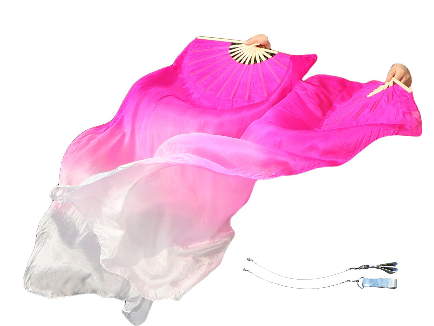 Winged Sirenny Pair Spinning Silk Fan Veils with Poi Strings,150cm (59") Fan Pois for Belly Dance, Flow Arts & Performance, with Adjustable Bamboo Handles & Carry Bag (pink fading) — image 1