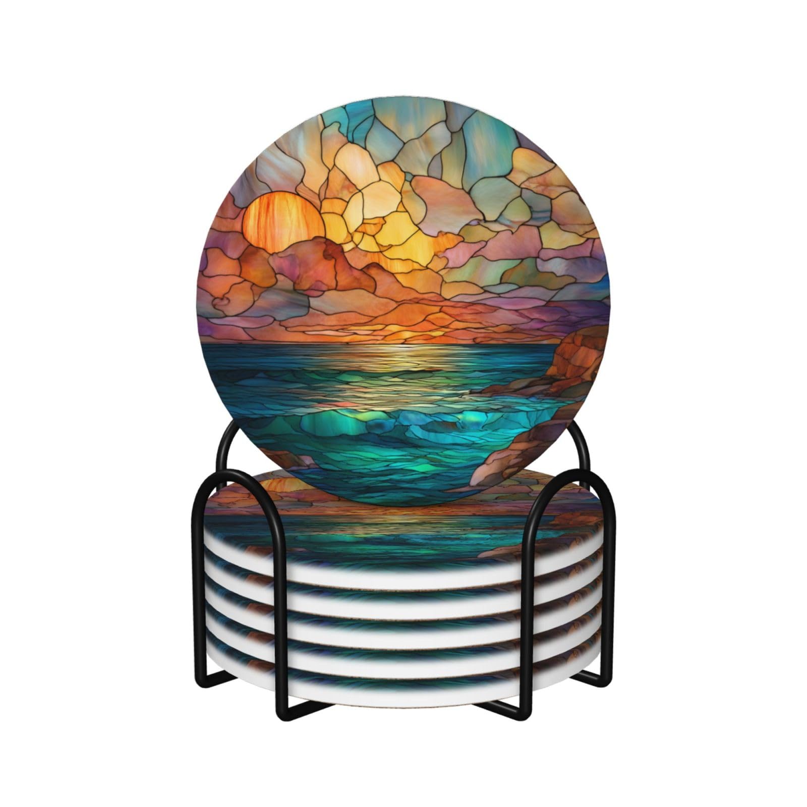Stained Glass Ocean Sunset Ceramic Coasters with Holder 6ps