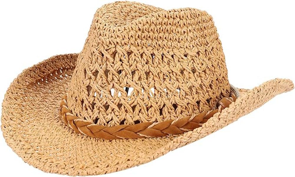 Straw Cowboy Cowgirl Hat for Men Women Classic Wide Brim Western Straw Hat Fedora Panama Hat with Chin Strap Summer Sun Hat Khaki