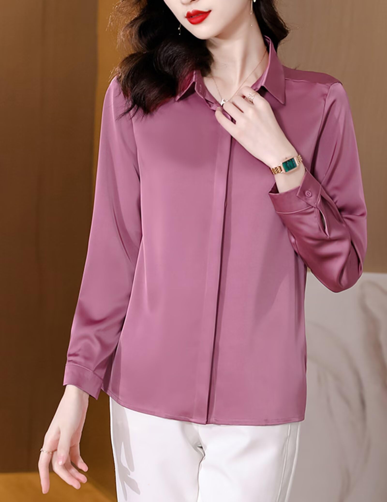 Elegante Blusa de Seda Mujer Camisas Manga Larga de Oficina,100% Seda
