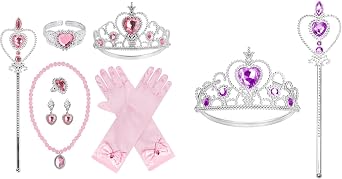 Cocojeci Princess Dress Up Princess Gloves Tiara Wand Necklace Earrings Bracelet and Ring Gift Pink and Purple