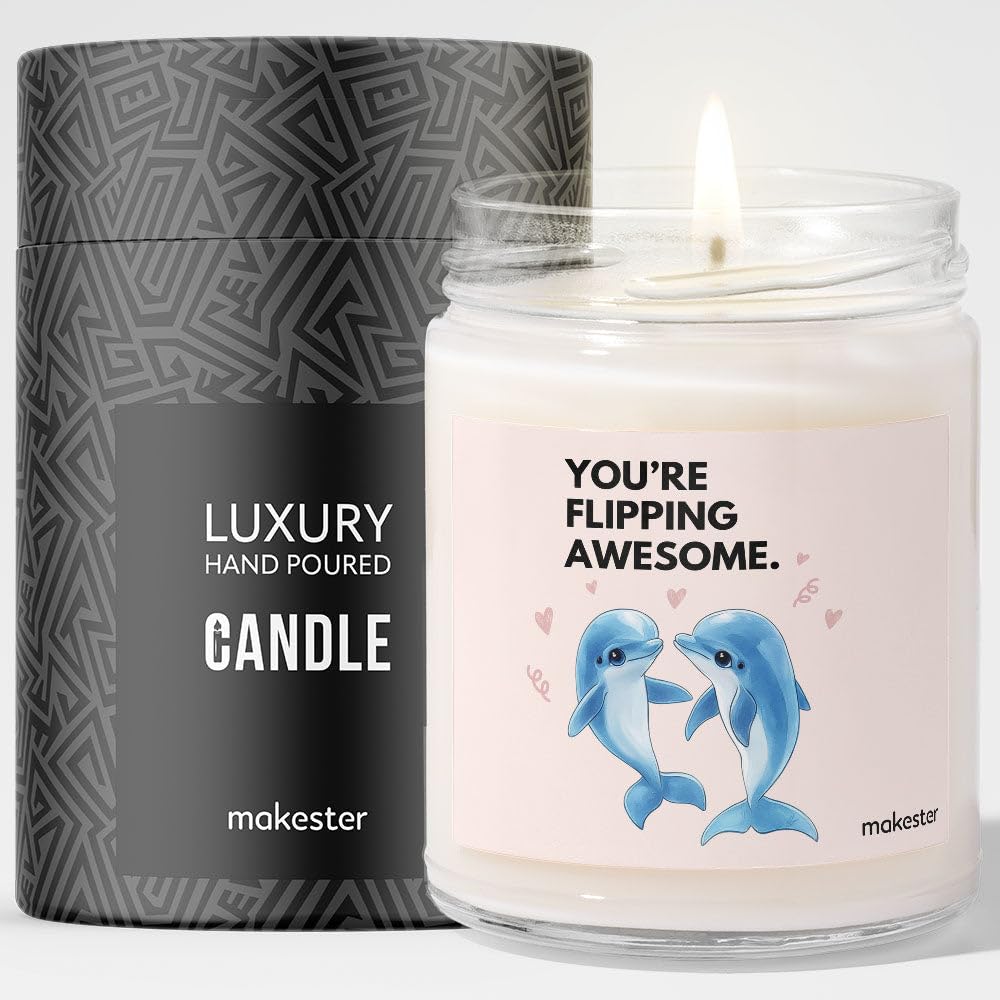 Dolphin Gifts - Luxury Soy Wax Candle - Vanilla, Jasmine, Sugared Almond - Makester, White
