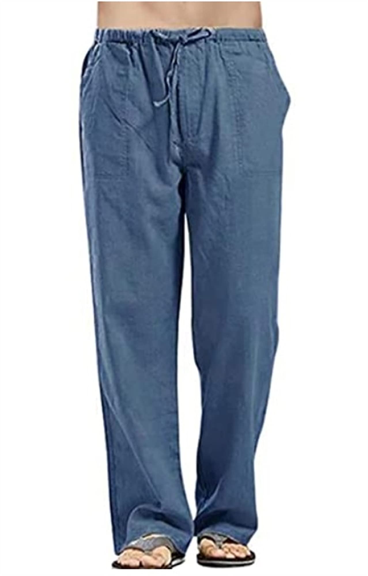 Męskie spodnie lniane, na lato, lekkie, na czas wolny, eleganckie, ze sznurkiem, kieszenie, spodnie do jogi, wygodne, z materiału, lekkie, sportowe (jasnoniebieskie, XL)