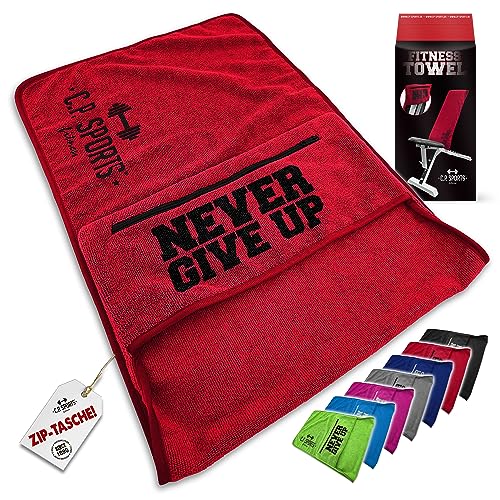 C.P. Sports Fitness Towel Microfibre | Fijación + Bolsa con Cremallera | Gimnasio Entrenamiento Deporte | Extra Suave, Lavable, Larga y Grande | para Mujeres y Hombres | Color Rojo