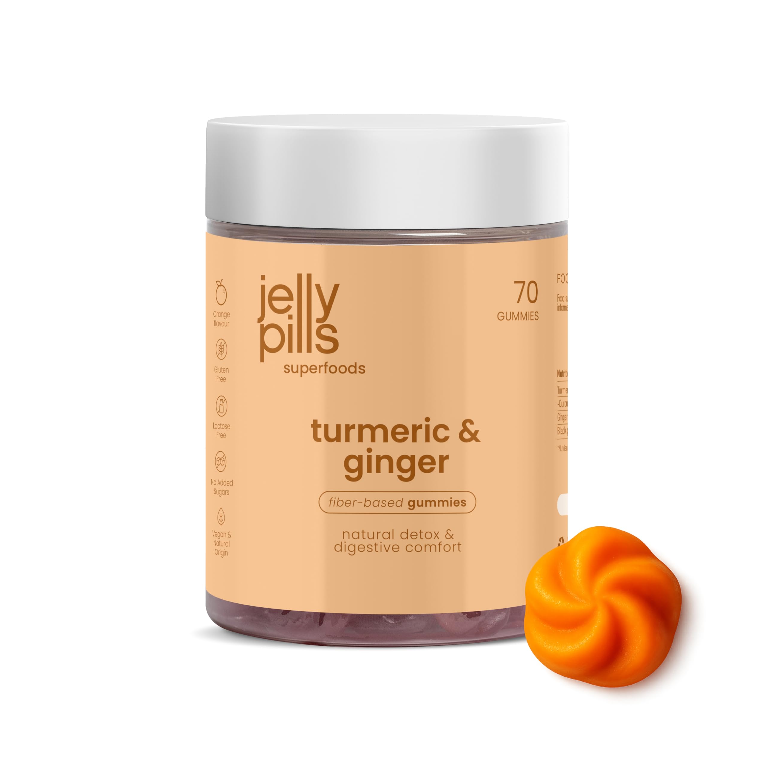 Jelly Pills Gommose Curcuma con Zenzero Piccante e Pepe Nero - Fonte di Curcumina e Piperina - 70 Gummies Vegane - Senza Zuccheri Aggiunti - Gusto Arancia Naturale - Salute Digestiva