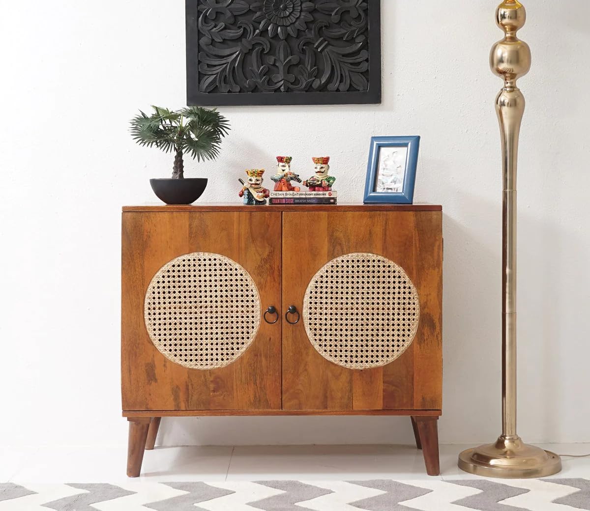 Parth Rattan Cabinet Kitchen Storage | 2 Door Sideboard with 1 Shelf |Canning Work Cabinet for Living Room| Mango Wood, Teak Finish | Diwali Decorations-image-35