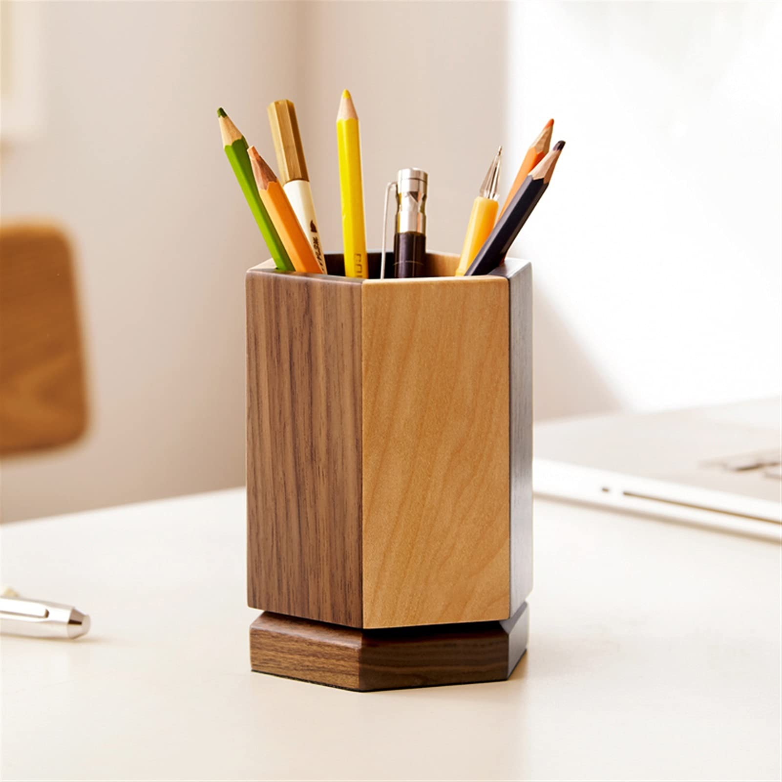 Pot à Crayons Rotatif Hexagonal, Organiseur de Bureau, Pot à Crayons Rotatif à 360 degrés, boîte de Rangement pour stylos et Ciseaux