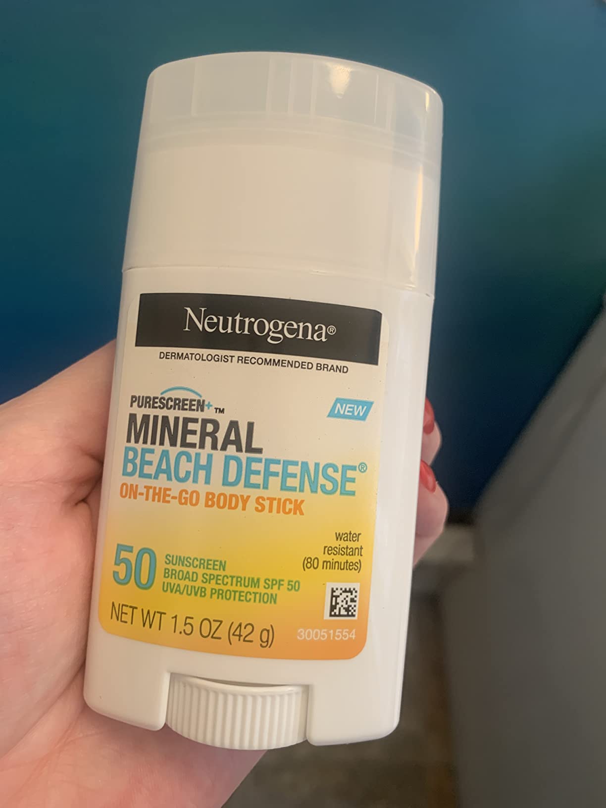 Kenvue Neutrogena Purescreen+ Mineral Beach Defense On-The-Go Body Sunscreen Stick with Broad Spectrum SPF 50, Water Resistant UVA/UVB Protection, Absorbs Quickly & Dries Clear, 1.5 oz