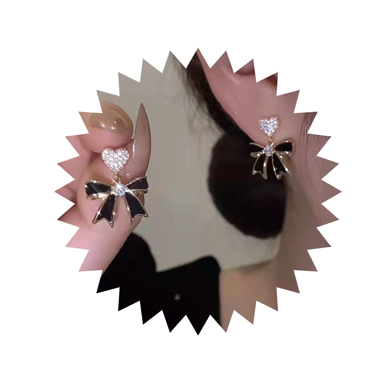 Allereyae Vintage Crystal Heart Stud Earrings Black Oil Drop Bow Earrings Rhinestone Bow Dangle Earrings Gold Cz Heart Earrings Jewelry for Women