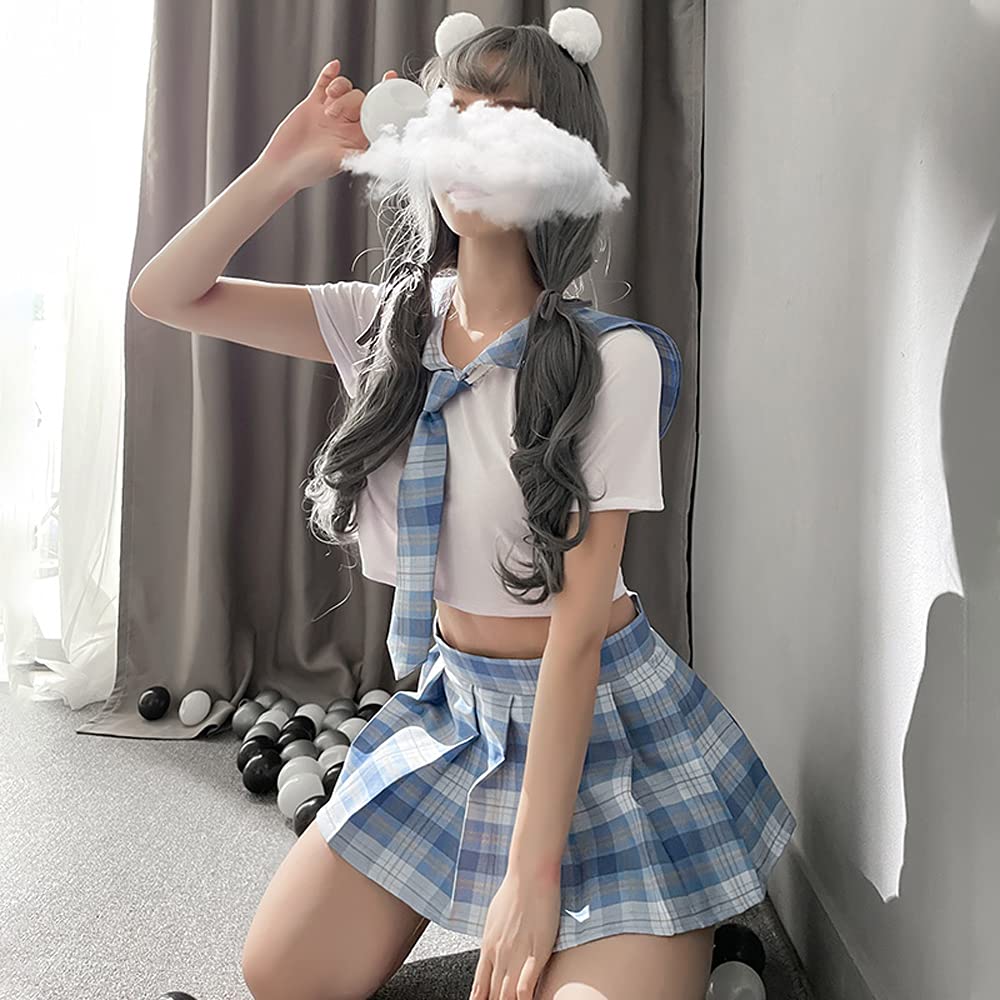 Schoolgirl Outfits Japanese Plaid Pleated Skirt JK Uniform Cosplay Lingerie: 7039white Blue