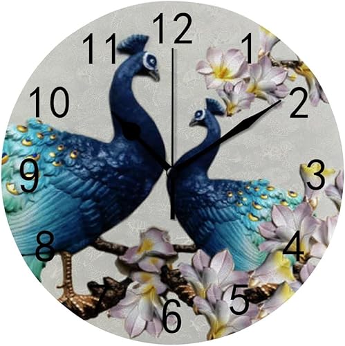 Reloj de pared para decoración de sala de estar, pavo real, flor de durazno, PVC, 9.8 pulgadas, para colgar, redondo, silencioso, sin tictac,