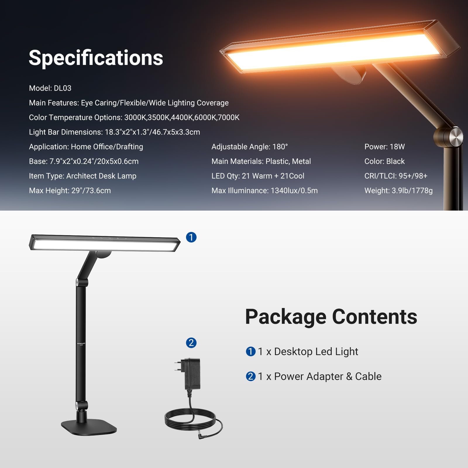 NEEWRE BASICS Lampada da Scrivania 18" con Base per Ufficio Casa, Luce Tavolo a Barra LED per Architetto Adatta agli Occhi per Monitor Computer Disegno, 18W, 1340lux/0,5m, Controllo Touch/CRI95+, DL03