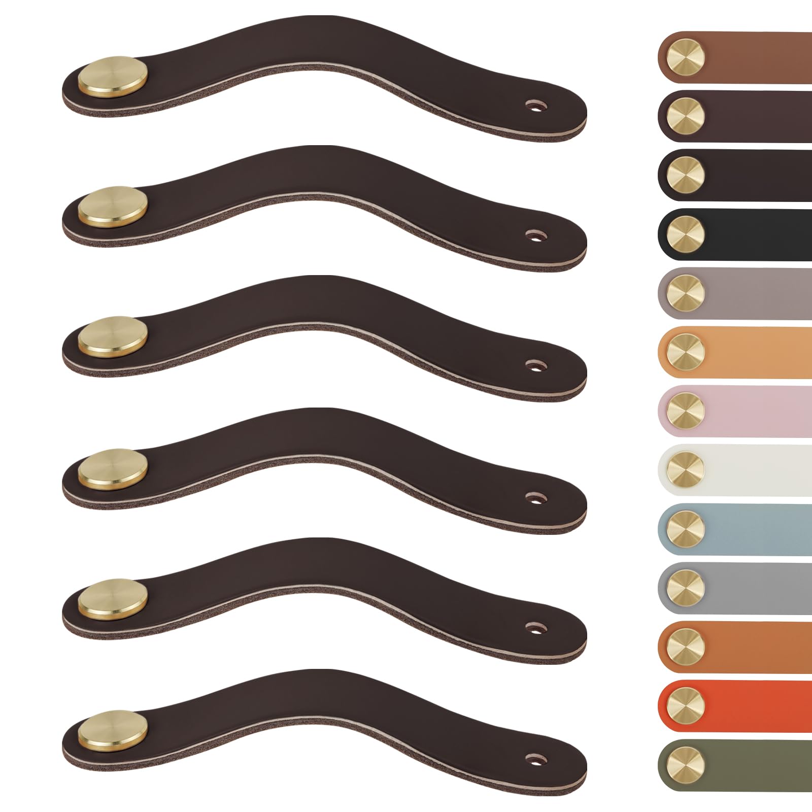 LEREATI 6pcs Leather Drawer Handles Fit to Cupboard Single Hole, Faux Leather Pulls Cabinet Handles, Drawer Knobs for Kitchen, Bathroom, Dresser, Wardrobe (0mm Hole Center, Golden + Dark Brown)