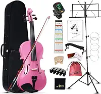 Aileen Violino 4/4 tamanho completo para adultos iniciantes, kit de iniciante violino rosa para estudantes a partir de 12 anos, incluindo suporte de música, adesivo de dedo novo exclusivo, mudo