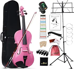 Aileen Violino 4/4 tamanho completo para adultos iniciantes, kit de iniciante violino rosa para estudantes a partir de 12 anos, incluindo suporte de música, adesivo de dedo novo exclusivo, mudo