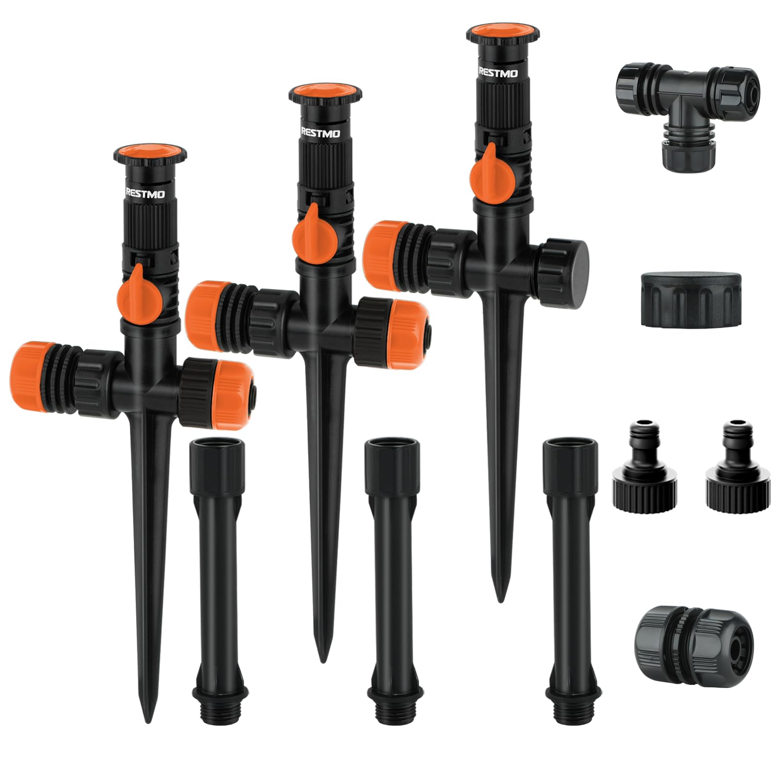 RESTMO 3er-Pack Rasensprenger mit Erdspieß zur Gartenbewässerung, Mehrfach einstellbares Rasensprinkler, Flexibles bewässerungssystem für Garten, Pflanzen und Blumenbeete (ohne Schlauch), Orange