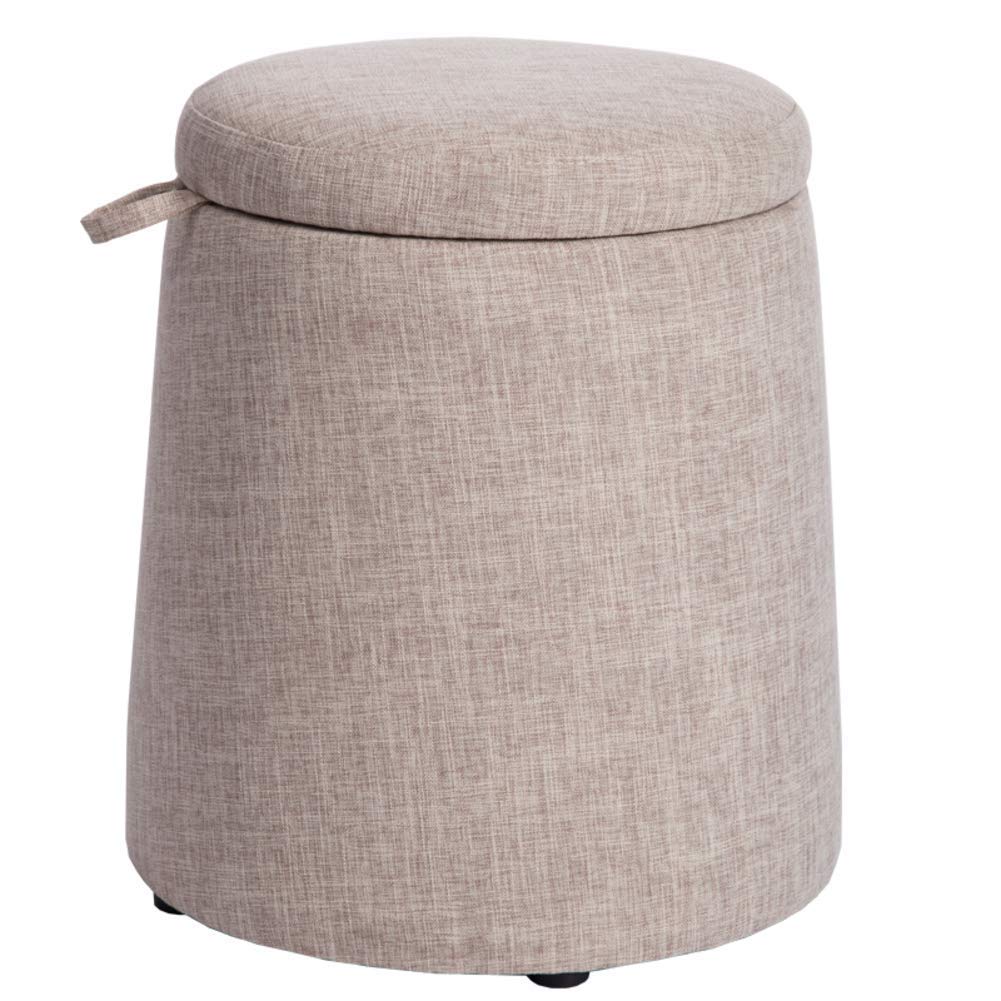 Repose-Pieds et Tabouret de Rangement Rond en Lin Beige 42x42x46 cm