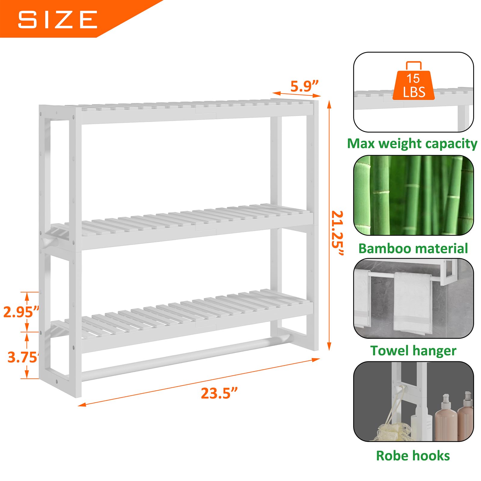 RRX Organizador de almacenamiento de estante de baño, 15 cm de profundidad x 60 cm de ancho x 53,8 cm de alto, organizador de cocina flotante de bambú de 3 niveles ajustable con barra, unidades de